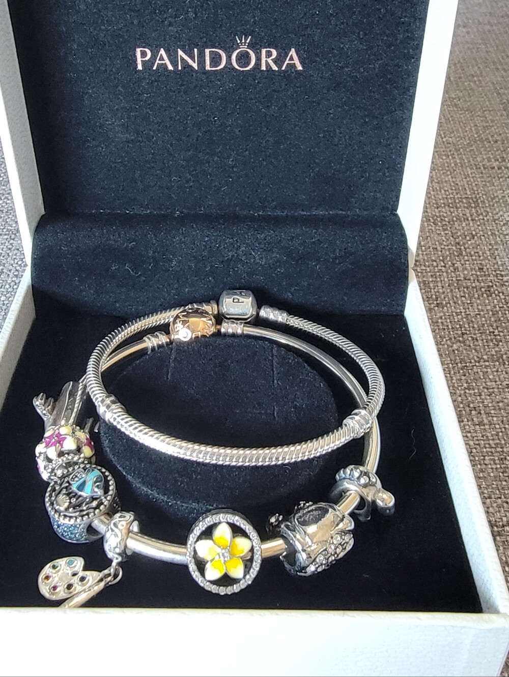 Pandora Bundle: 18cm (7") Moments Bracelet, Rose Bangle & 7 Charms